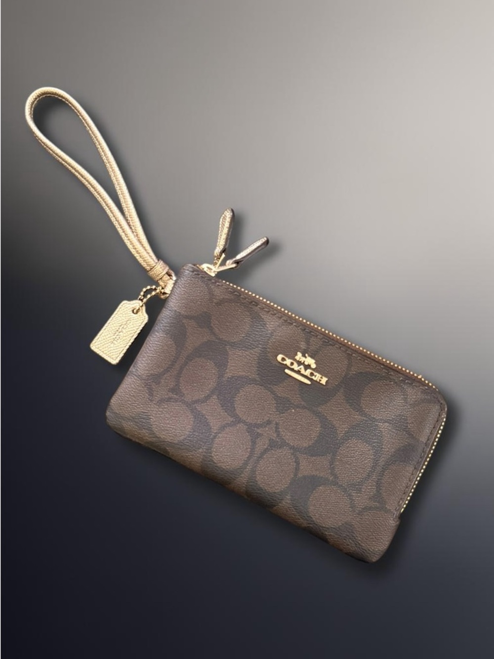 Coach Women's Dark Brown Signature Canvas Gold Trim Double Zip Wristlet